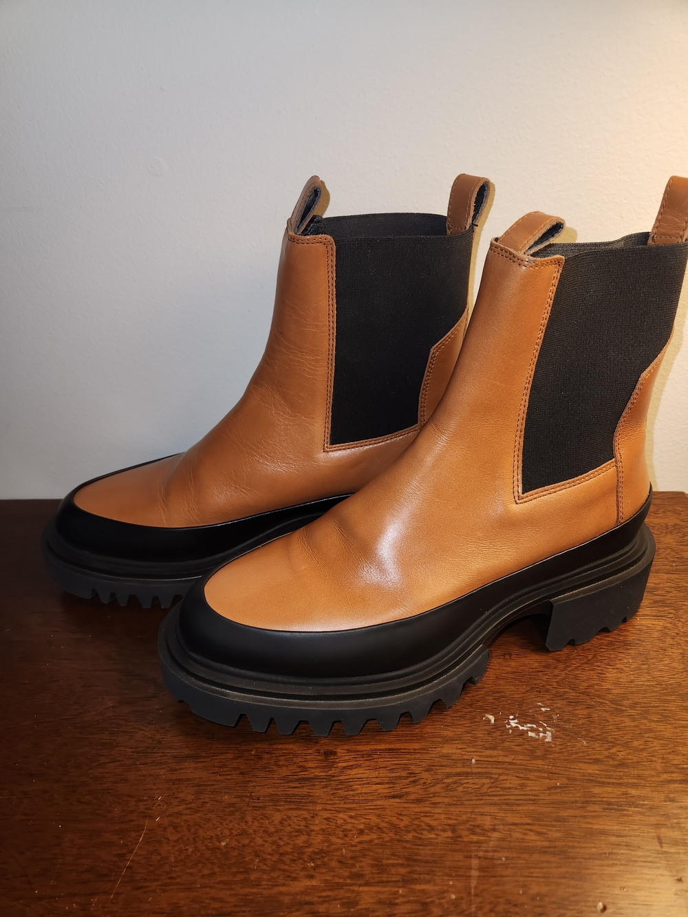 All Saints Harlee Tan & Black Leather Chelsea Lug Boots